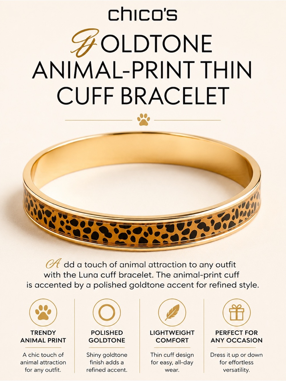 chico's GOLDTONE LEOPARD-PRINT THIN CUFF BRACELET